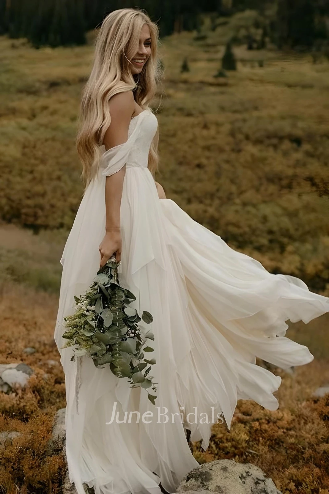 June Bridals Flowy Boho Country Modest Sweetheart Off The Shoulder Wedding Dress Ivory Simple Casual Outdoor Ethereal Chiffon Floor Length Bridal Gown