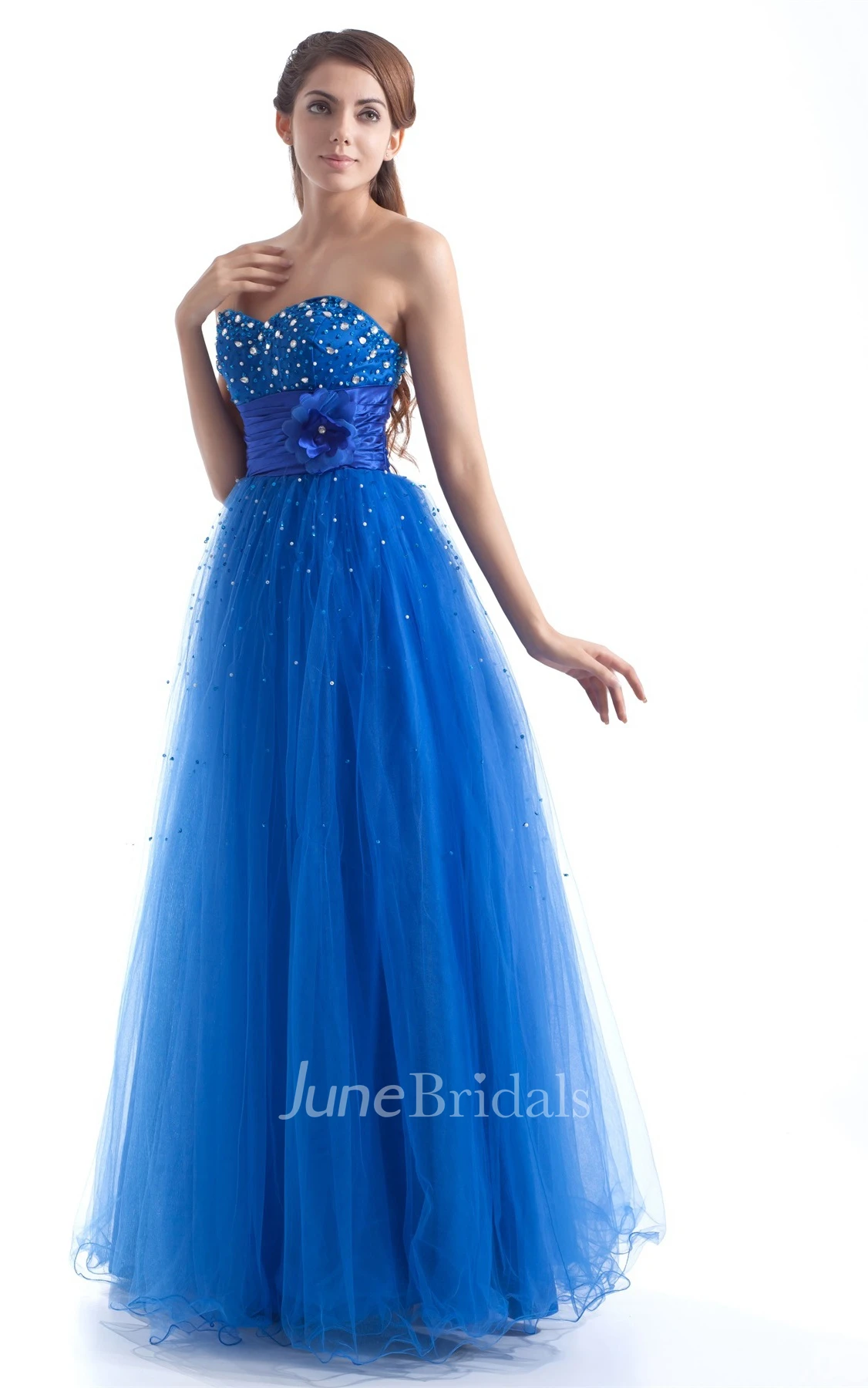 sweetheart a-line tulle dress with floral waist and beading