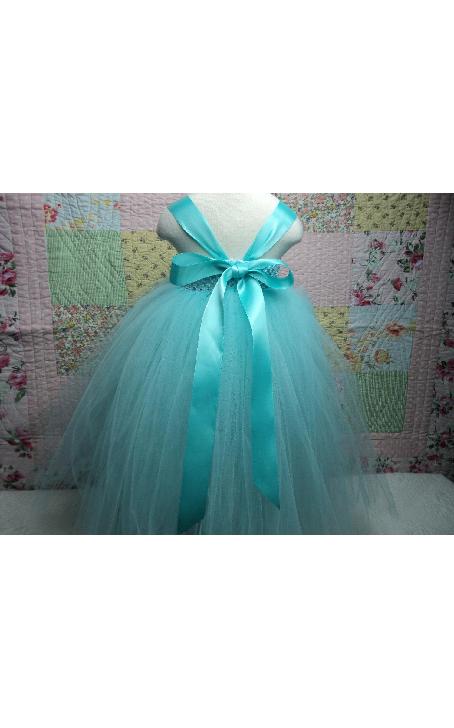 Aqua Blue Sleeveless Flower Bust Empire Waist Tulle Tutu Dress With Satin Sash and Straps