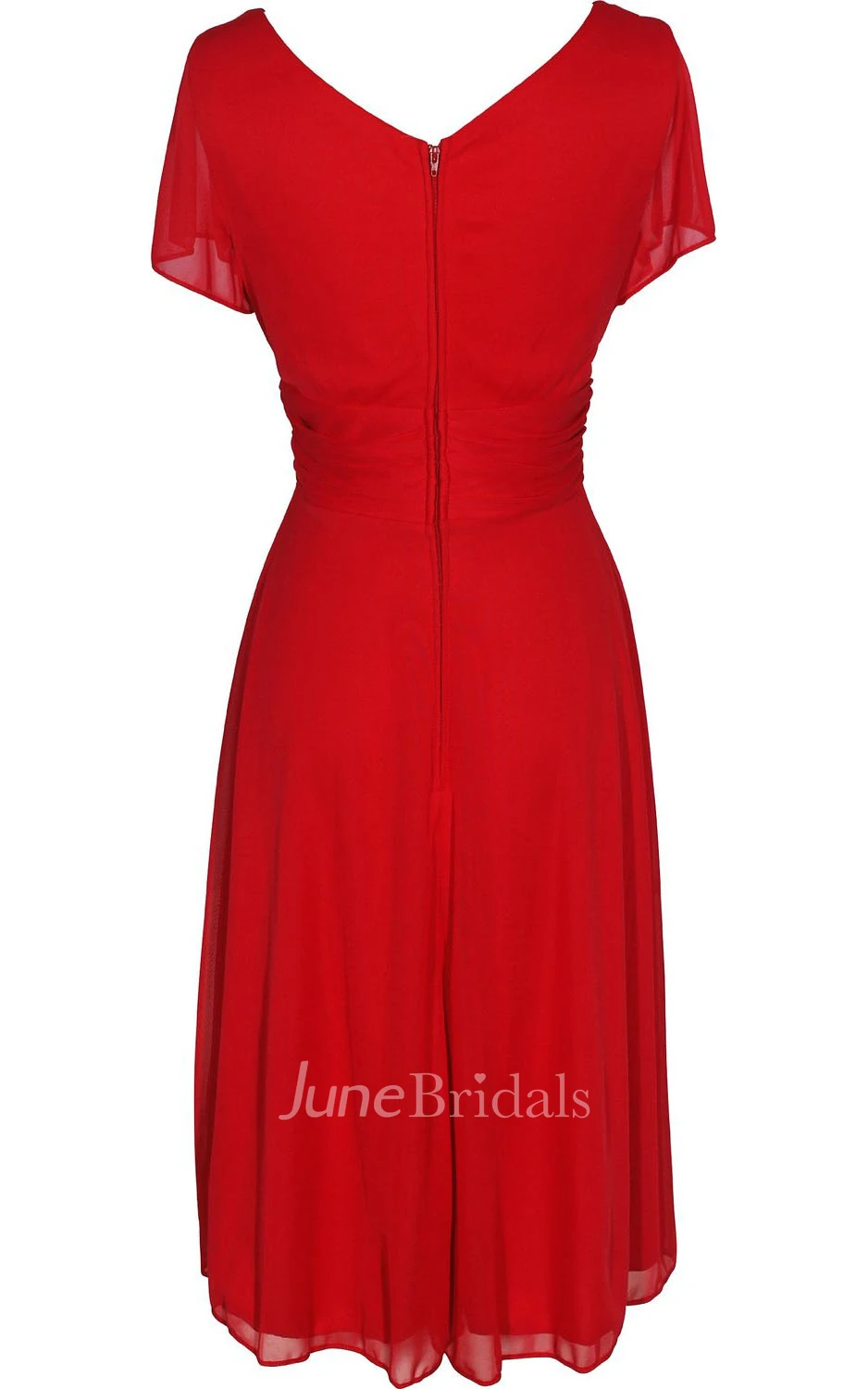 Short Sleeve V-neck Knee-length Chiffon Dress With Beading