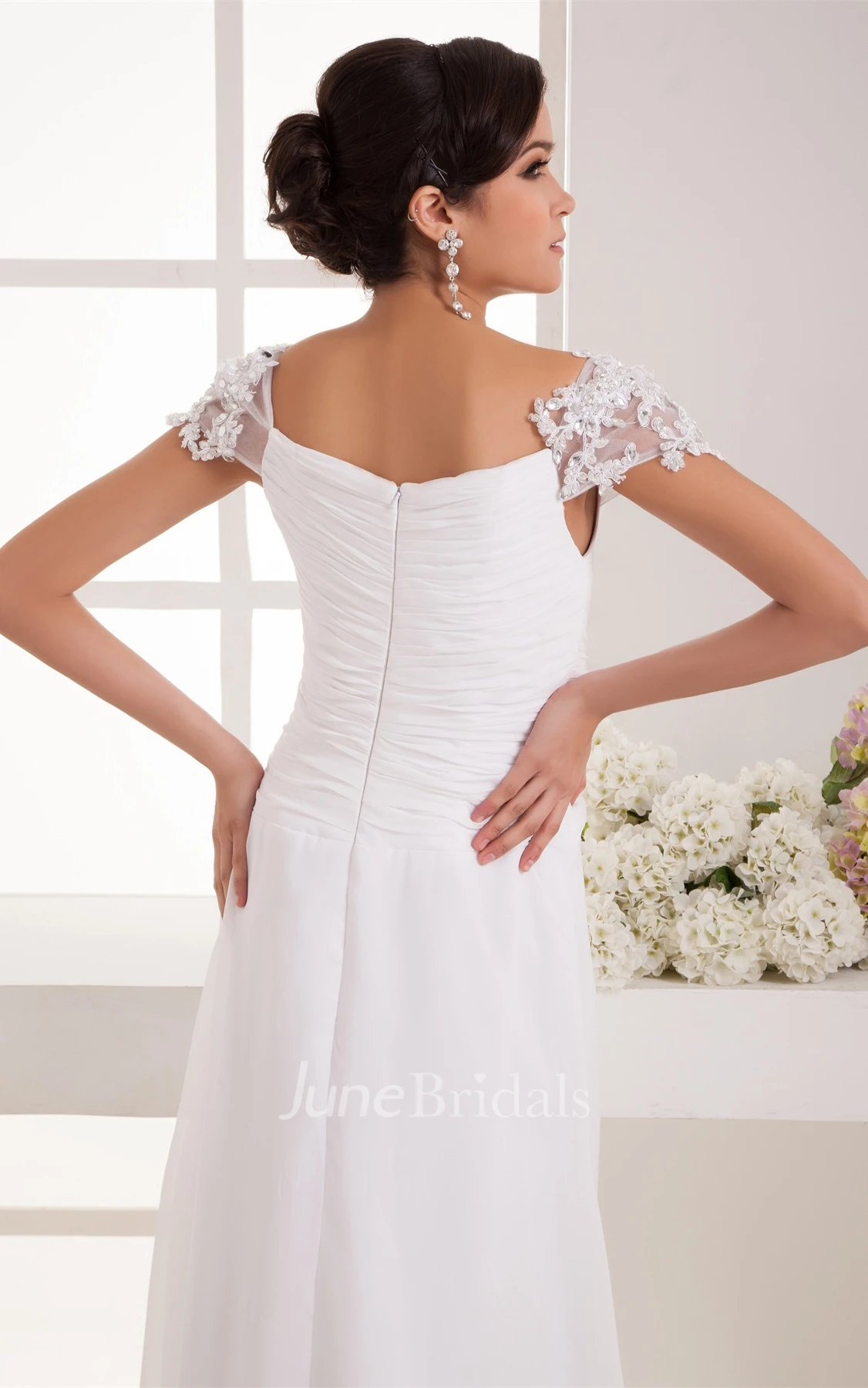 Caped-Sleeve Chiffon Maxi Dress with Ruching and Pleats