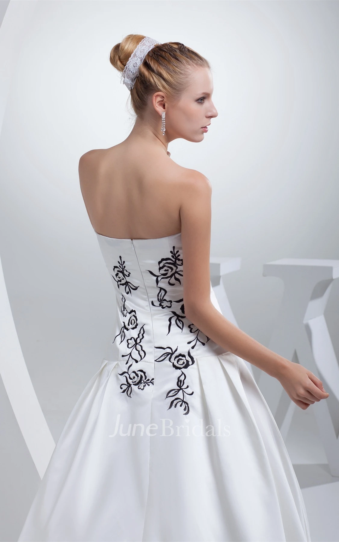 Strapless Embroidered Satin Ball Gown with Ruching and Court Train