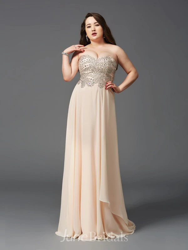 A-line Floor-length Sweetheart Sleeveless Chiffon Beading Pleats Brush Train Dress