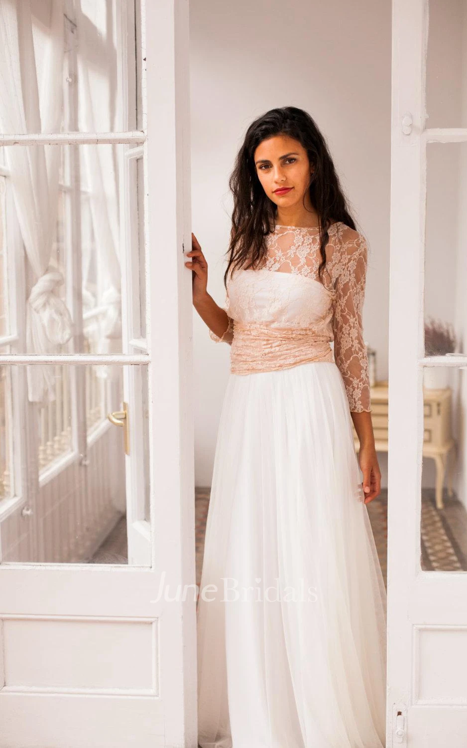 Long Sleeve Tulle Lace Jersey Satin Weddig Dress