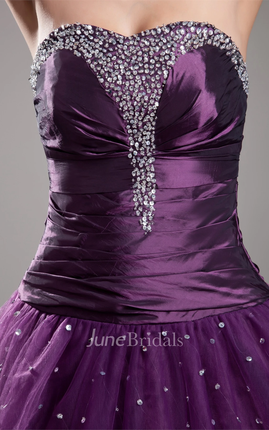 strapless a-line ball pleated gown with jeweled top