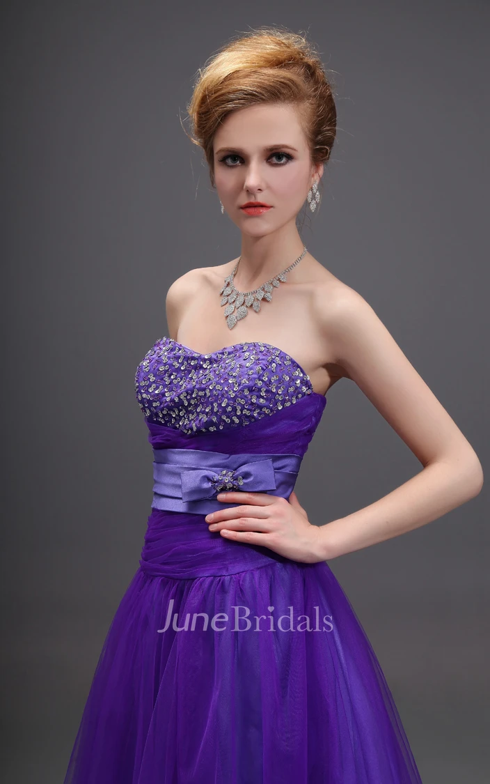 Shining Beaded Sweetheart Sleeveless Dress With Bow Andwaistbanded Waist