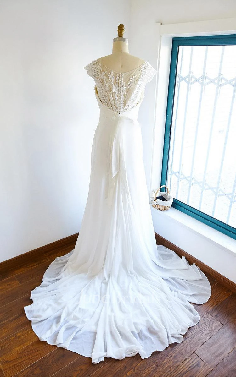 Cap Sleeve Chiffon Tulle Lace Satin Dress With Illusion