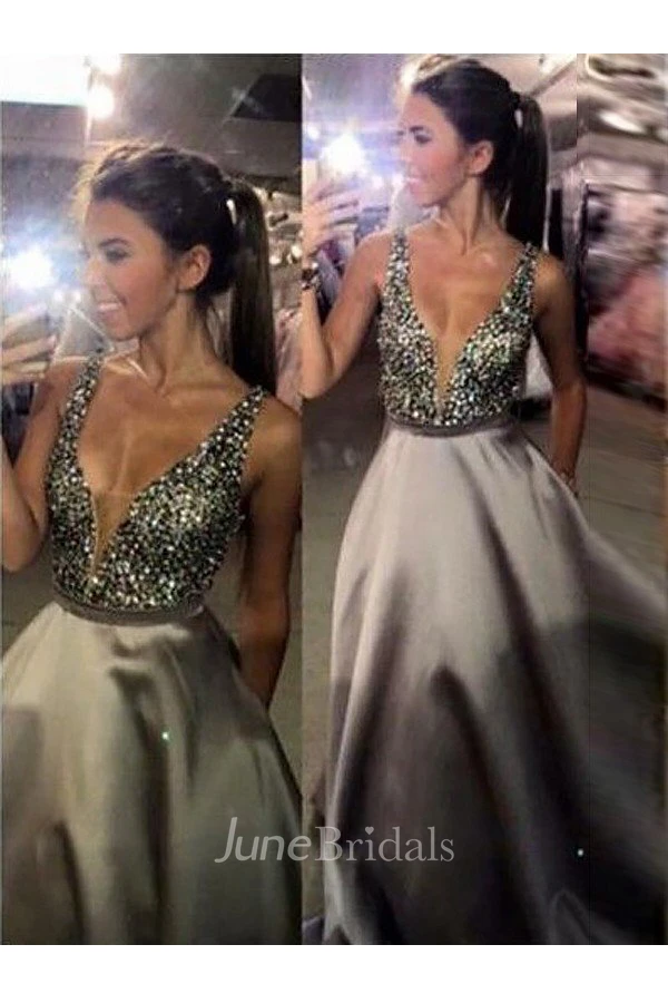 V Neck Sleeveless Sweep Brush Train Beading Satin Dress Online