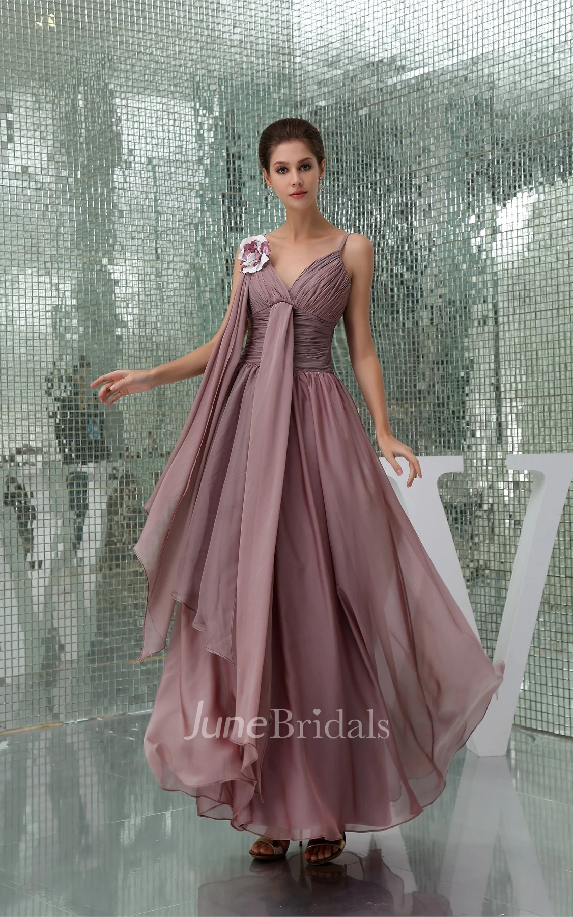 Spaghetti-Straps Side Draping Ankle-Length Ruched Gown with Ruffles and Flower