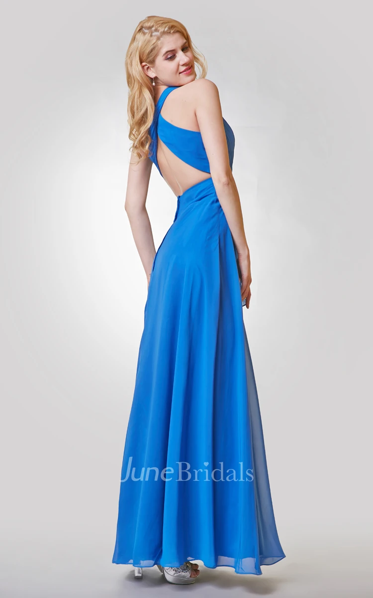 V-neck A-line Long Chiffon Dress With Cross Back