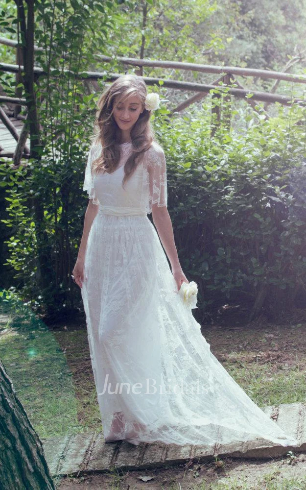Jewel Bell Sleeve Illusion Back Long Tulle Wedding Dress With Beading And Bow