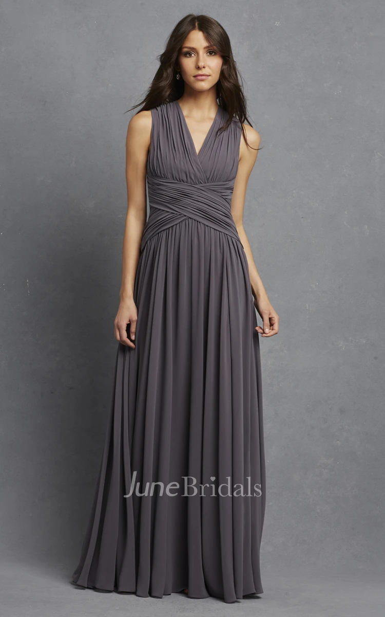Sleeveless Chiffon V-Neck Dress With Crisscross Ruching
