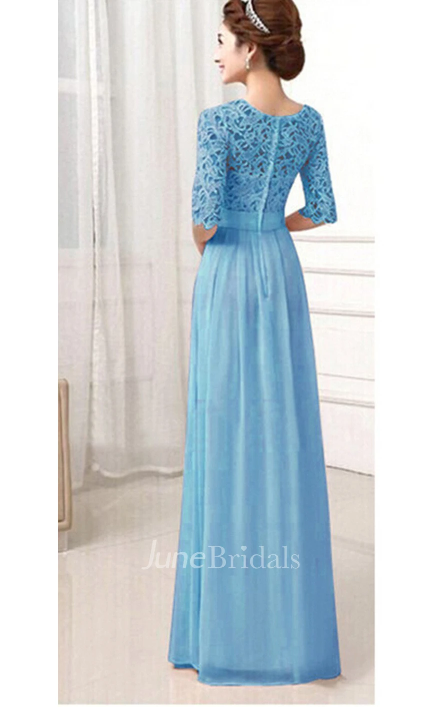 Scoop Long Bridesmaid Gown With Lace Bodice and Belt