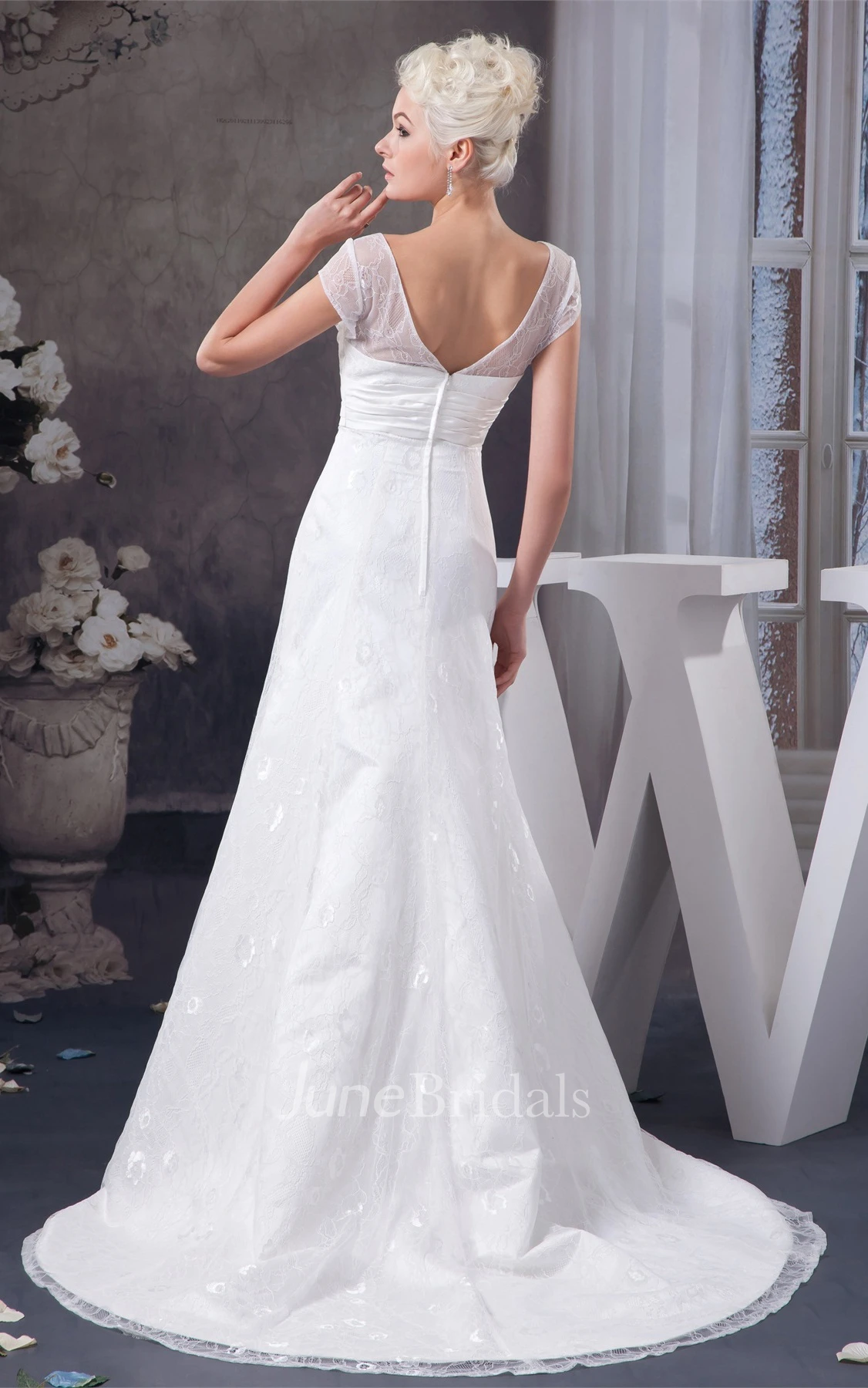 Plunged Caped-Sleeve A-Line Gown with Appliques and Ruched Waist