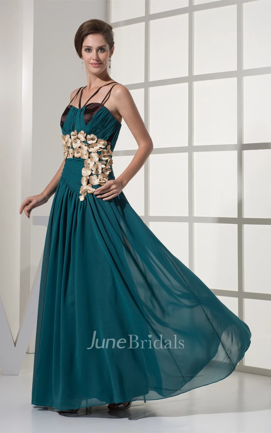 Spaghetti-Straps Pleated Long Dress with Floral Waist