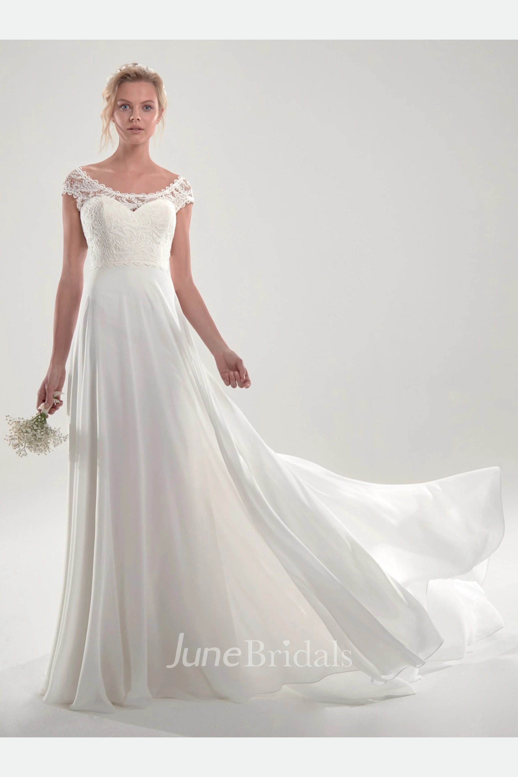 Graceful Short Sleeve Chapel Train Bridal Gown With Open Back