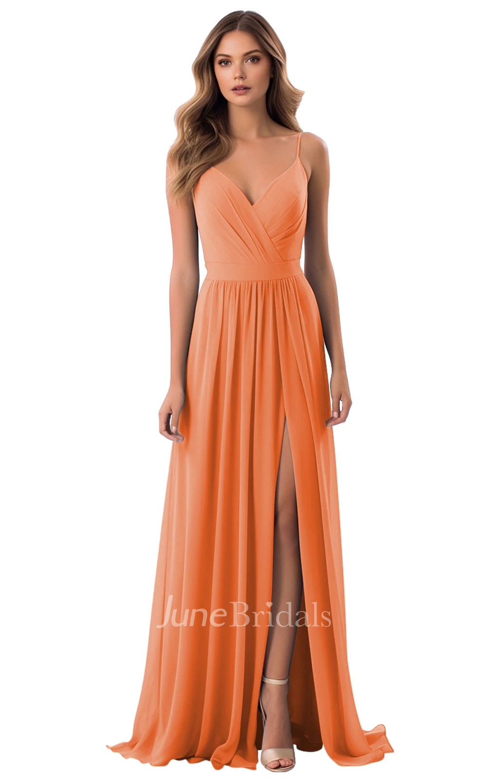 Simple A-Line V-neck Spaghetti Chiffon Bridesmaid Dress with Split Front