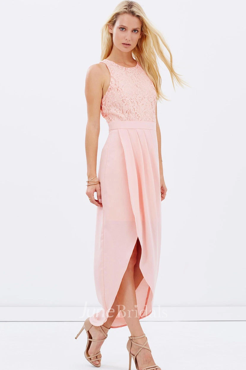 High-Low Lace Scoop Neck Sleeveless Chiffon Bridesmaid Dress
