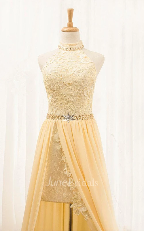 High-neck Sneath Lace Dress With Chiffon Skirt And Beading