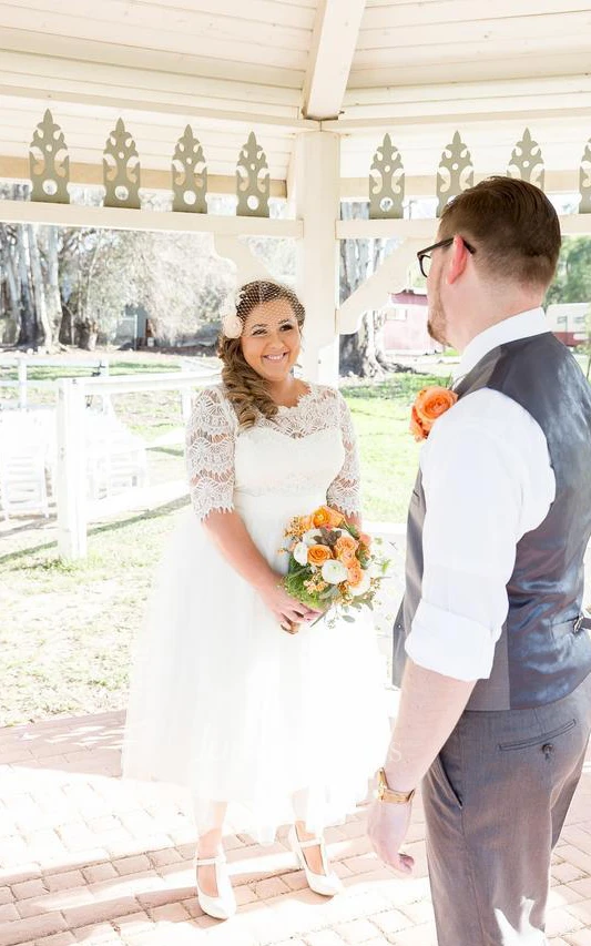 A-Line Short Jewel Half Sleeve Bell Button Tulle Lace Dress