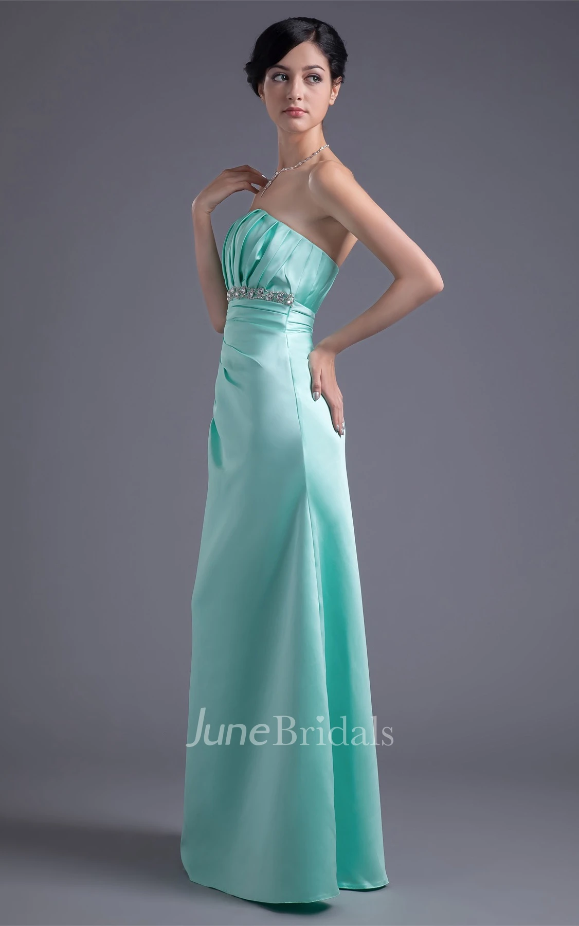Strapless Satin A-Line Dress with Ruching and Gemmed Waist