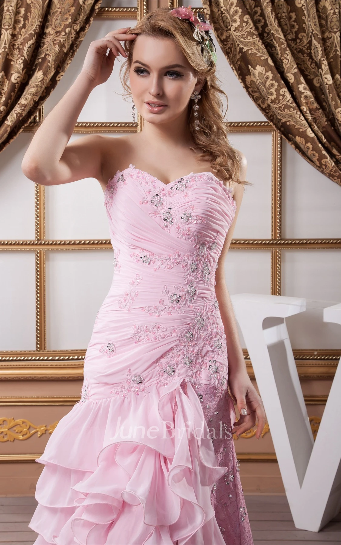 Sweetheart Criss-Cross Appliqued Dress with Tiers and Front Slit