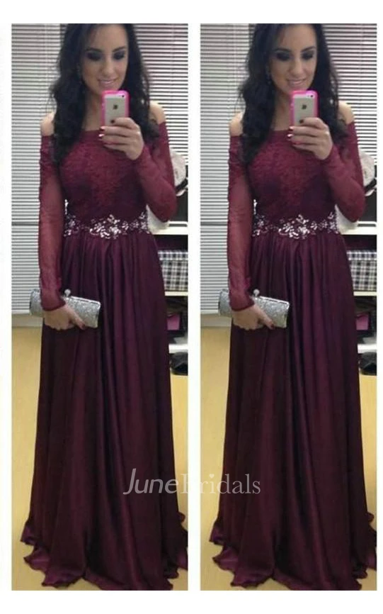 Stunning Long Sleeve Off-the-shoulder Evening Dresses Burgundy Lace Appliques Crystal