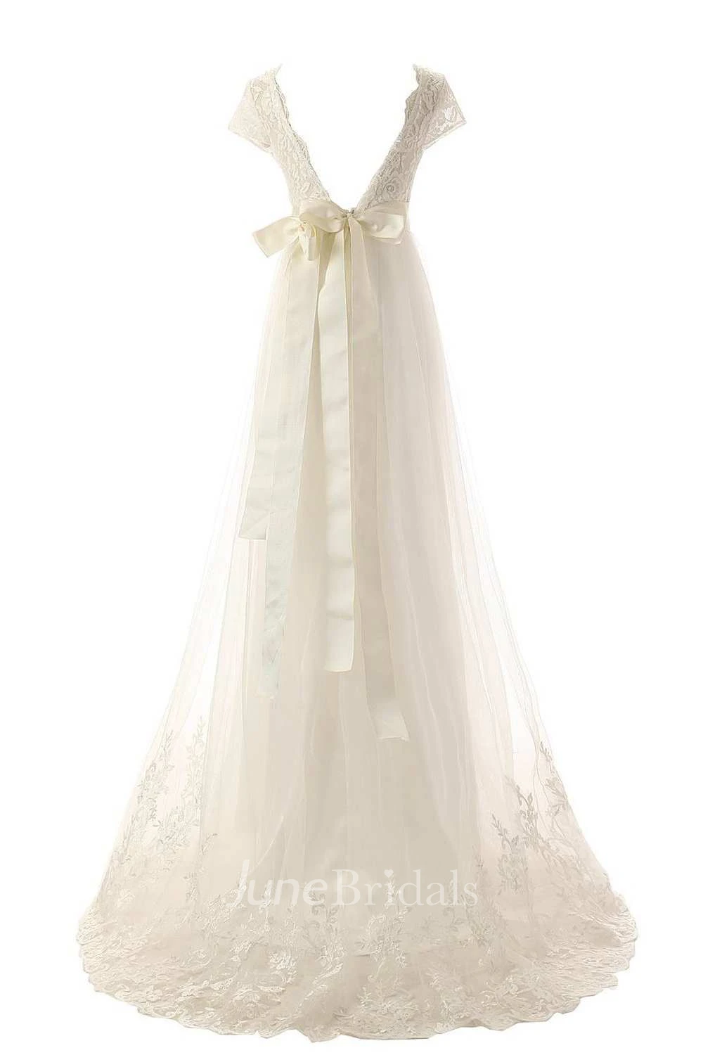 Cap Sleeve Low V Neck A-line Lace Gown With Beaded Belt