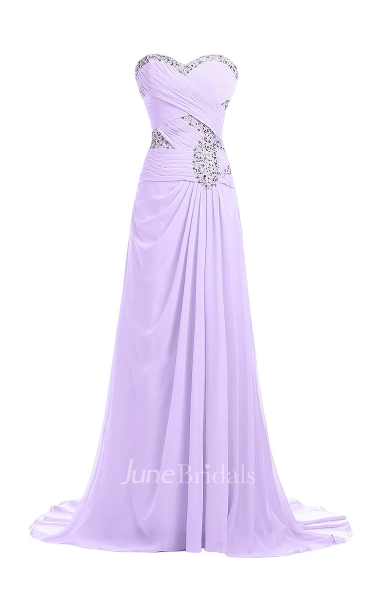 Sweetheart Rhinestoned Criss-cross Chiffon A-line Gown With Drapping