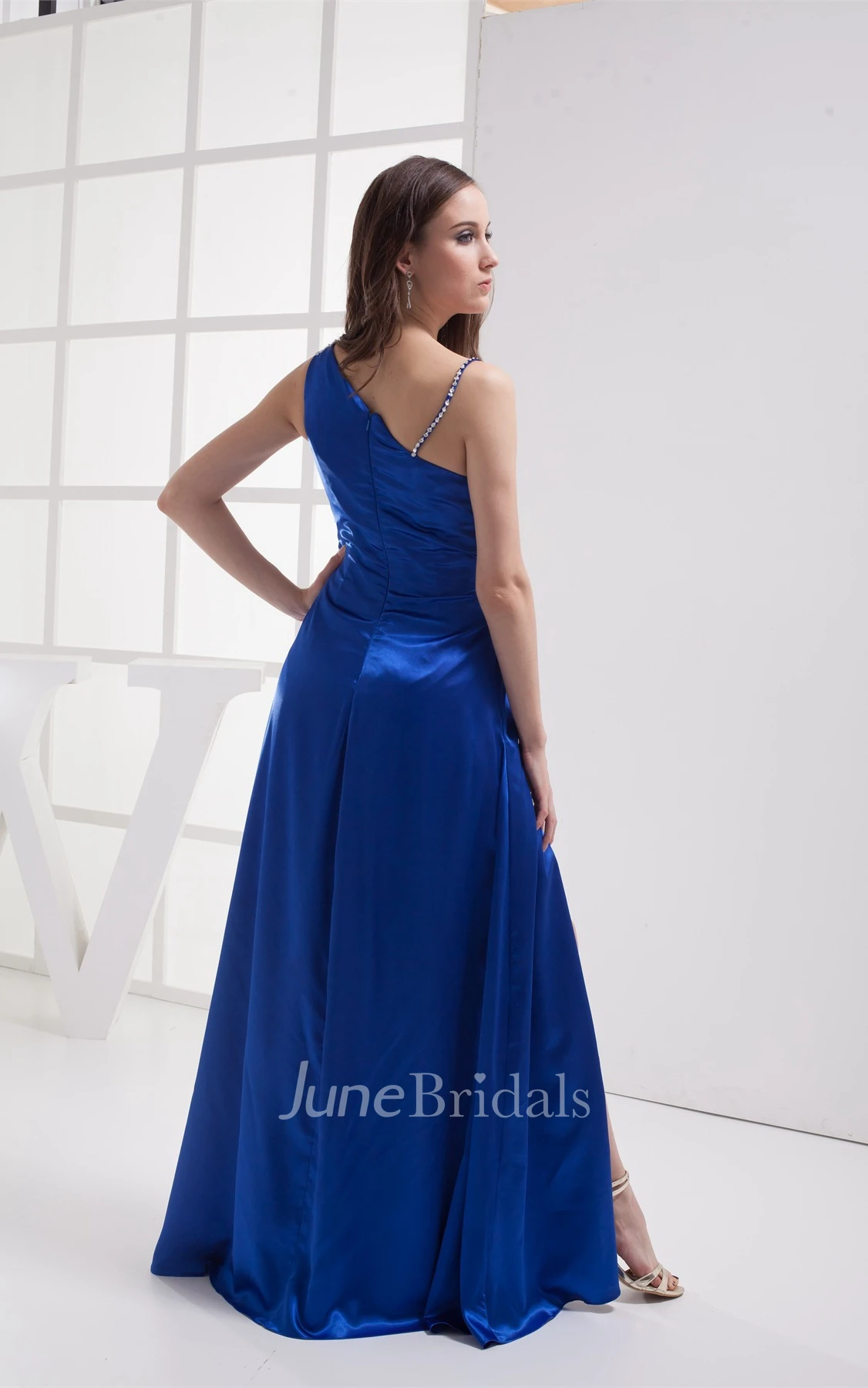 One-Shoulder Side-Ruched Satin Dress with Broach and Front Slit