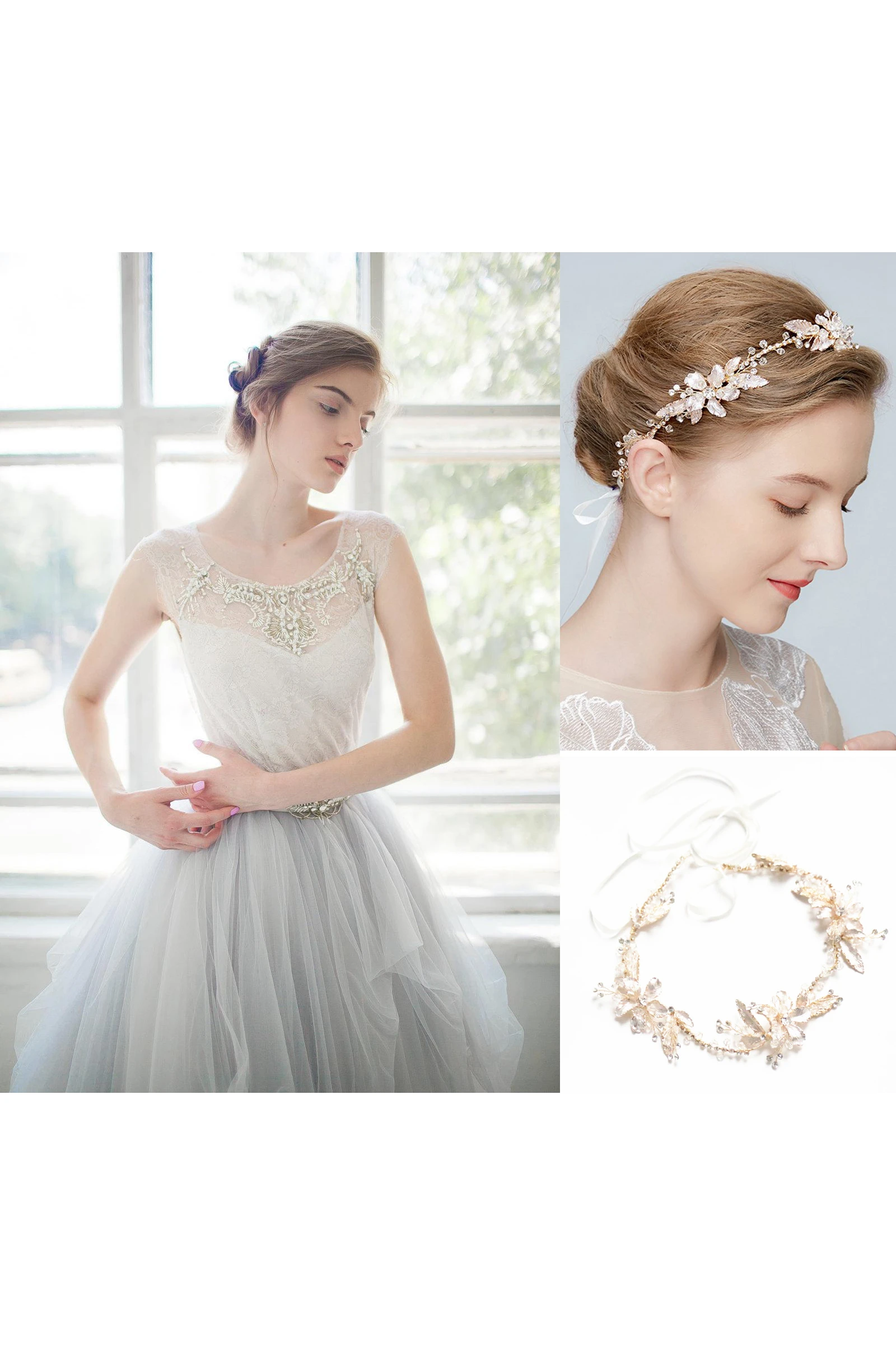 Bell Sleeve Tulle Satin Lace Wedding Dress and Beautiful Flowers Leaves Vine Rhinestones Crystal Soft Band