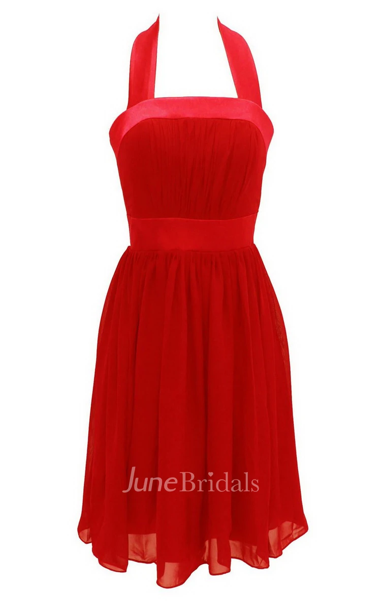 Halter Pleated Chiffon A-line Gown With Satin Band