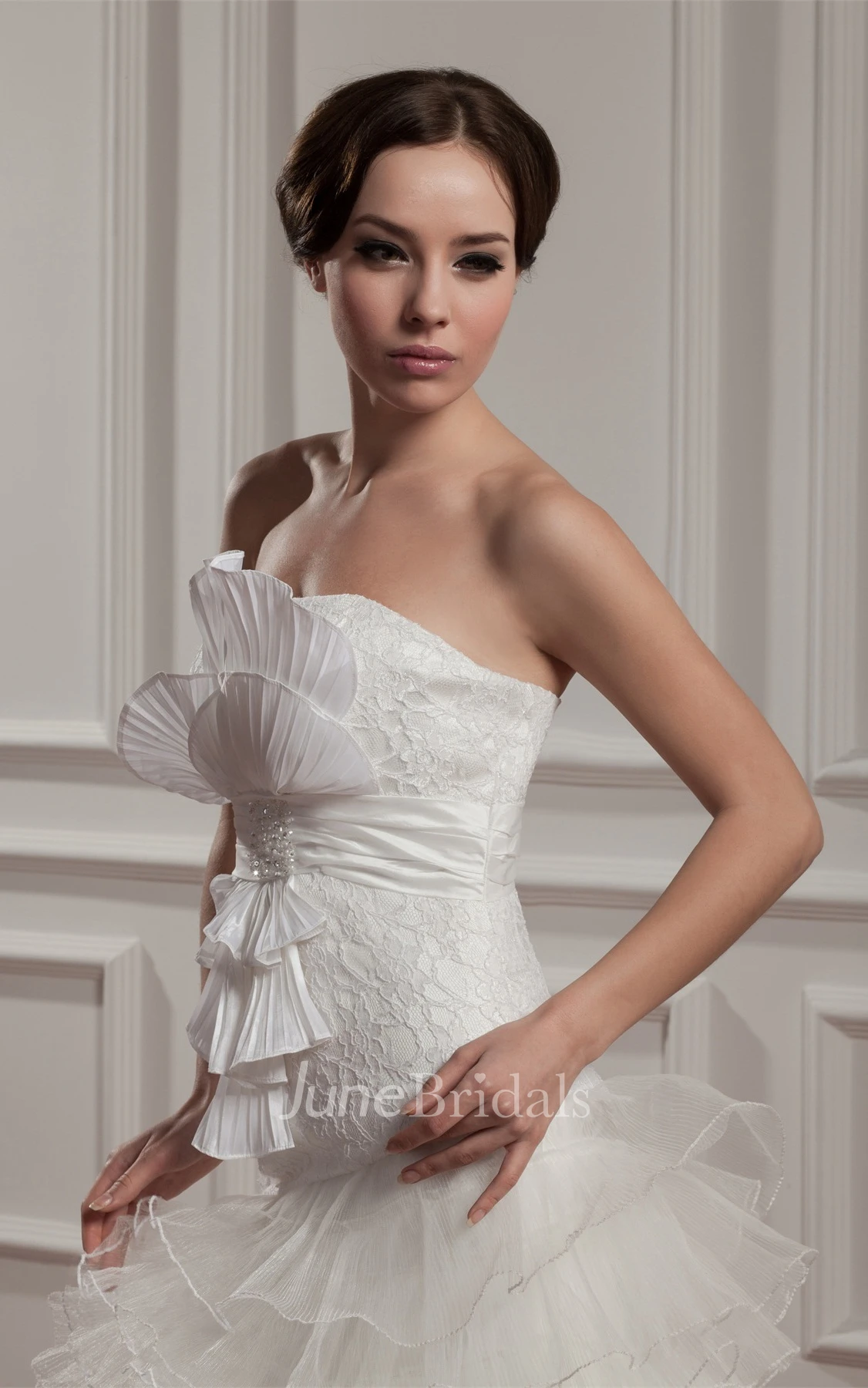 Strapless Ruffled A-Line Gown with Bow and Tiers