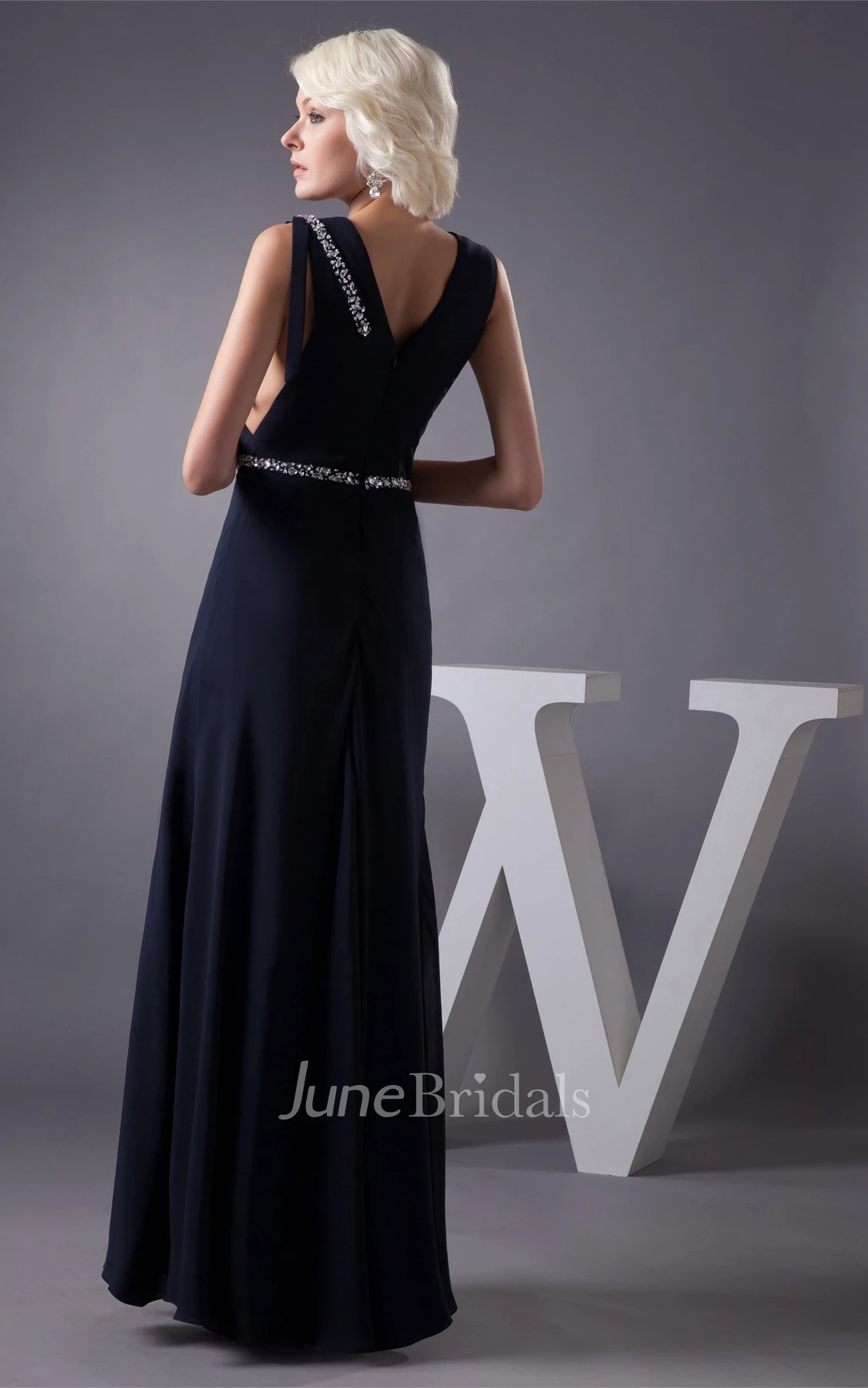 Plunged Caped-Sleeve Chiffon Maxi Dress with Gemmed Waist