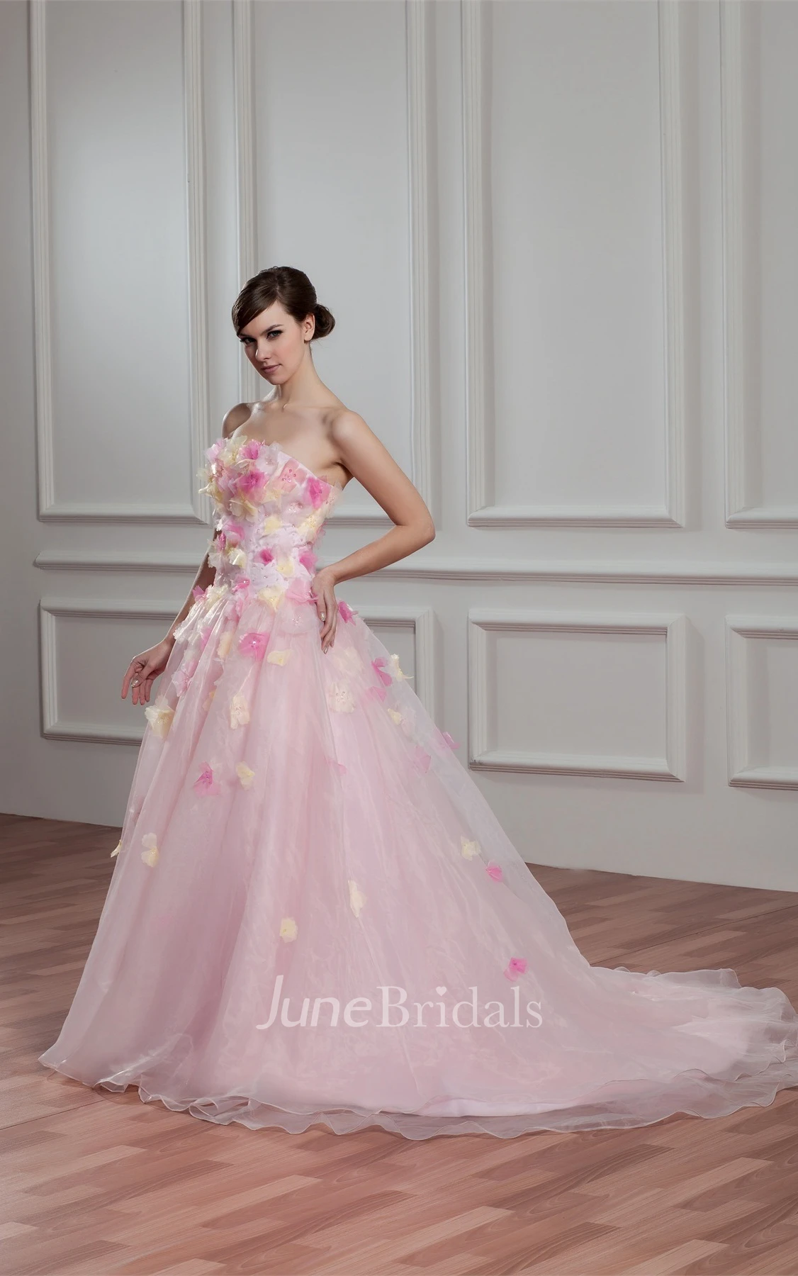 Floral A-Line Dress with Pleats and Sweep Train