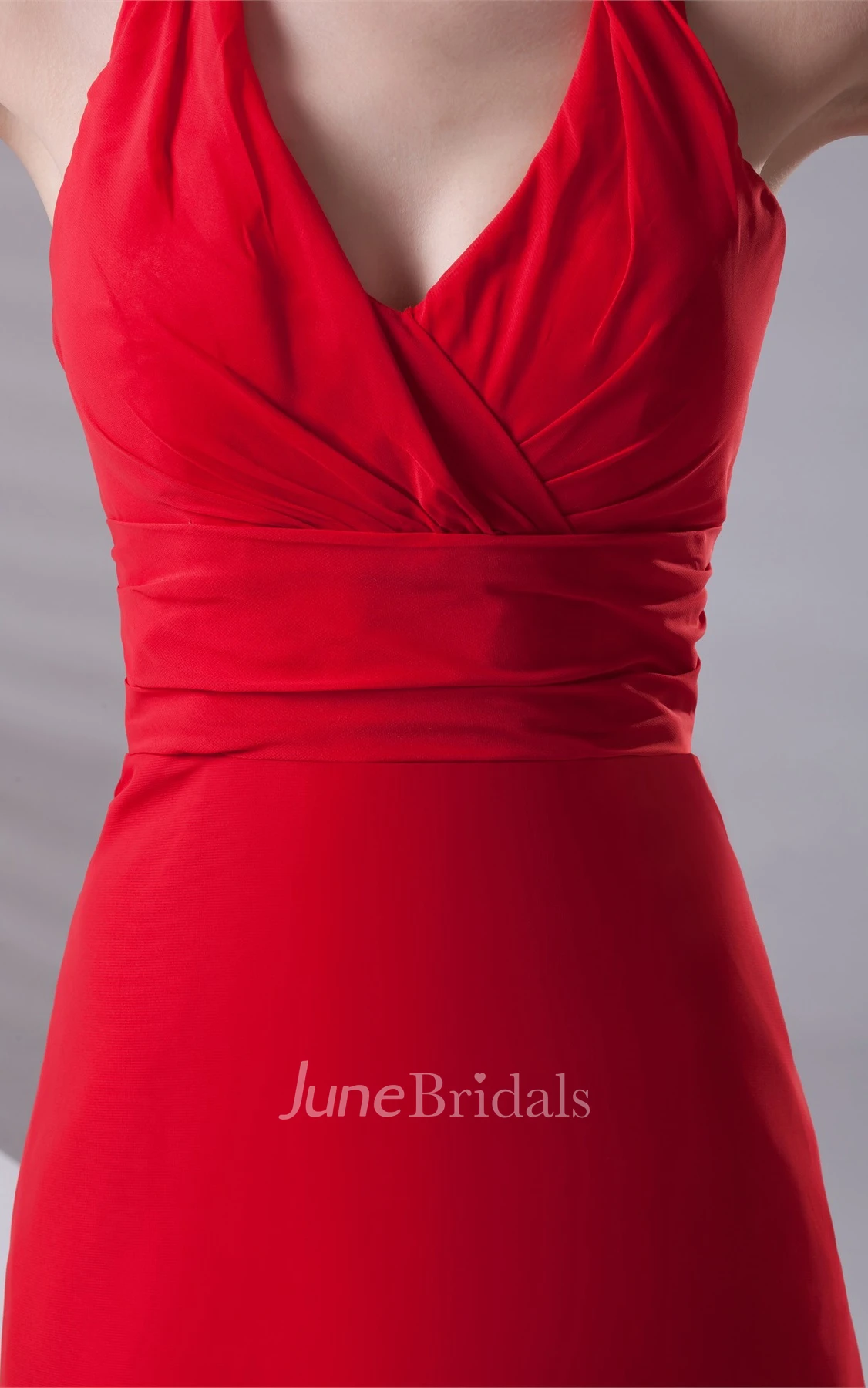 Plunged Chiffon Maxi Dress with Ruching and Brush Train