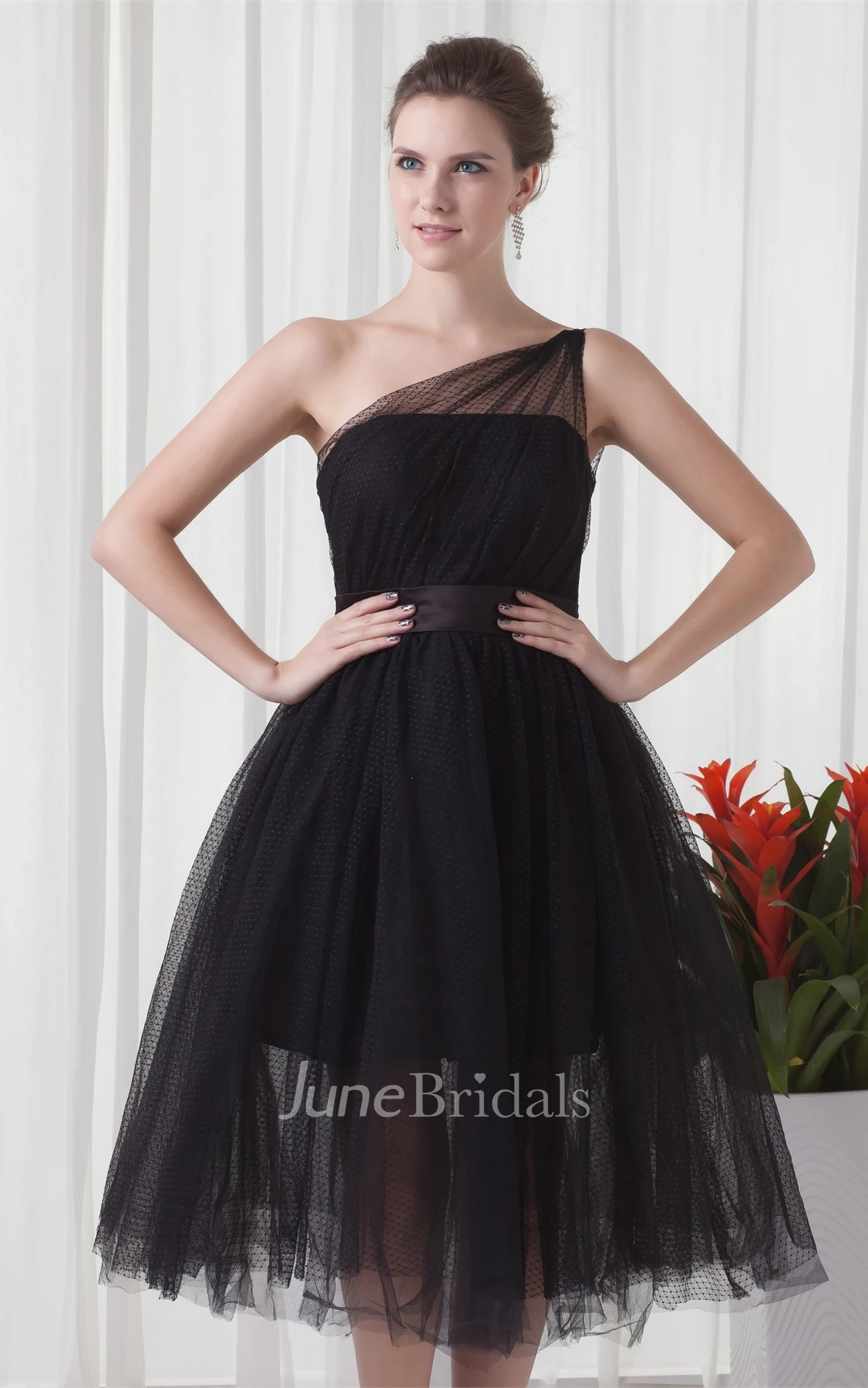 One-Shoulder A-Line Tulle Tea-Length Dress with Ruching
