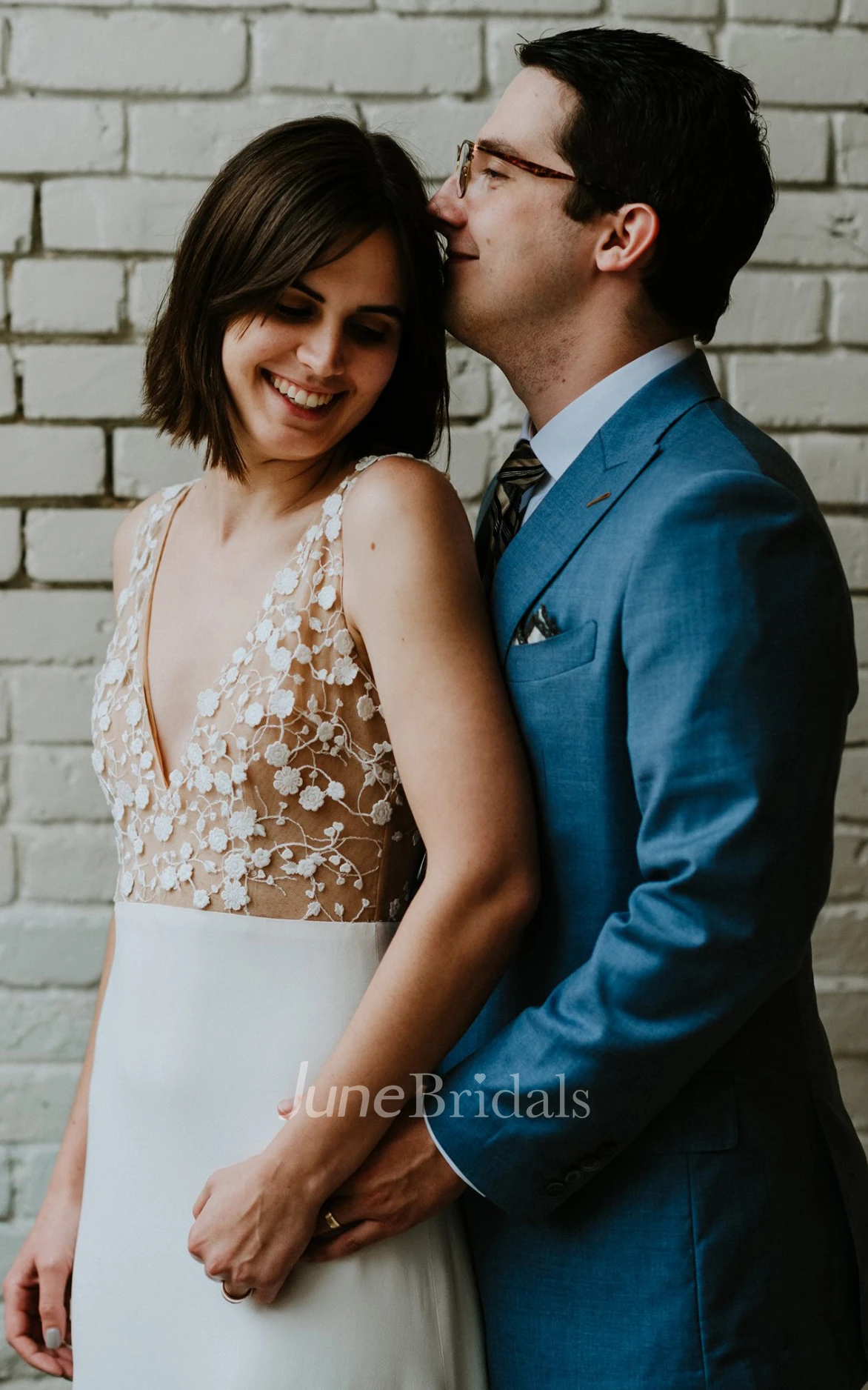 A-Line Satin Simple V-neck Warm Wedding Dress With Low-V Back And Appliques