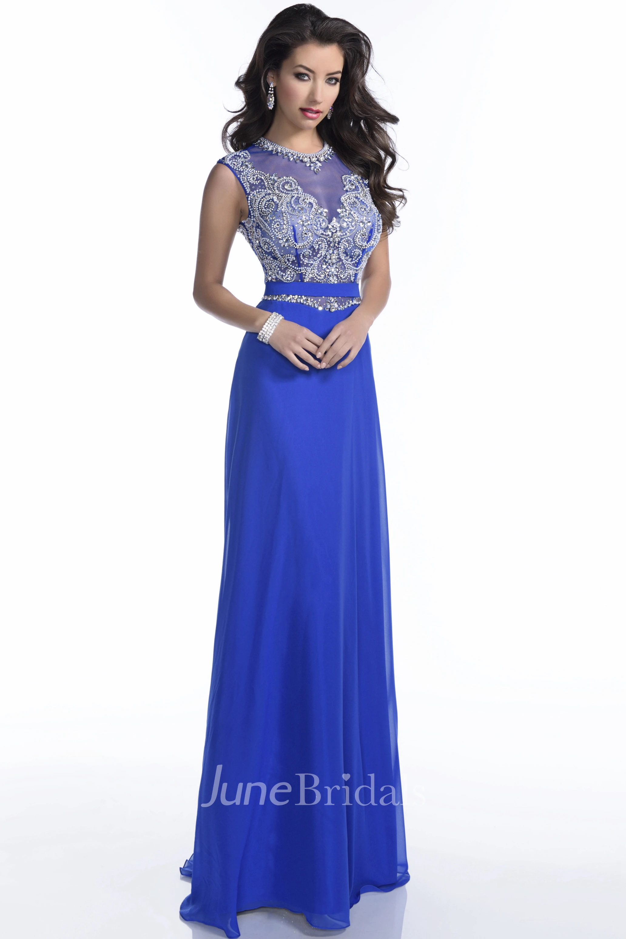 A-Line Sleeveless Chiffon Prom Dress Featuring Jeweled Waistline And Appliques