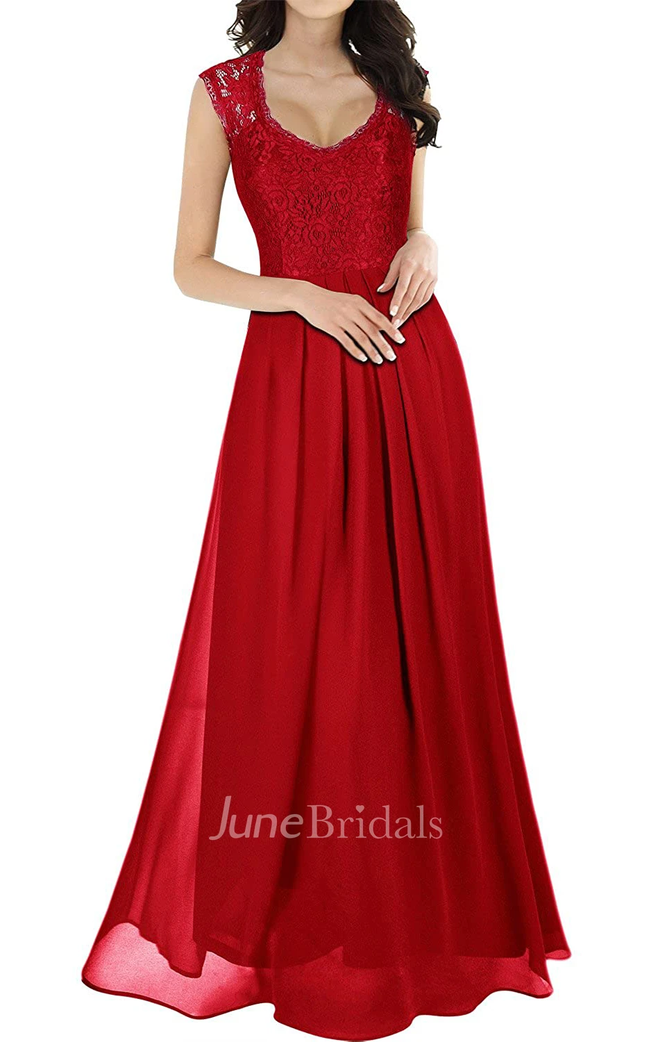 A Line Scalloped Chiffon Lace Sleeveless Evening Dress With Ruffles