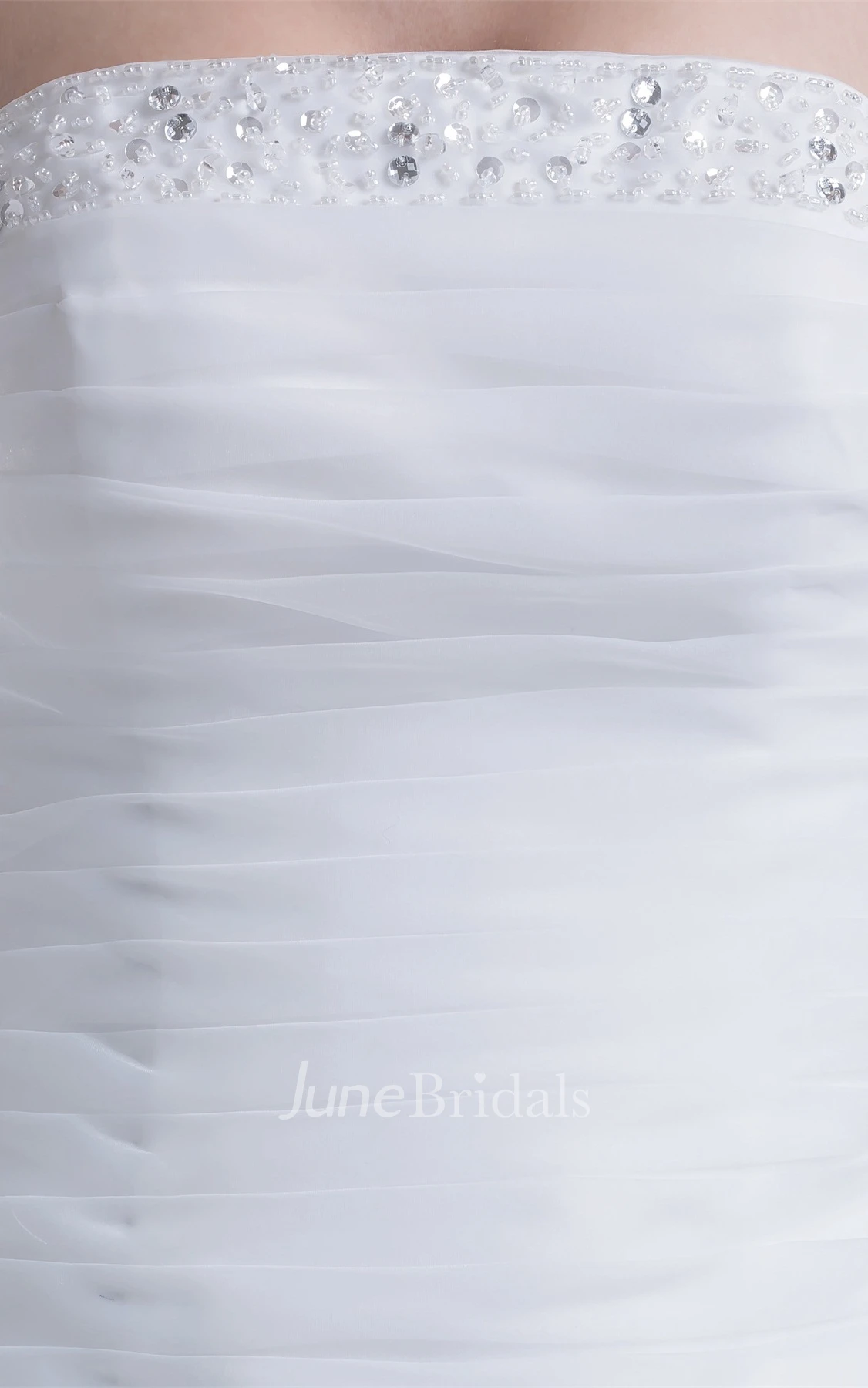 Strapless Ruched Jeweled Ball Gown with Flower and Ruffles