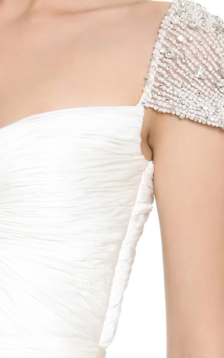 Queen Anne Neckline Sheath Satin Sweep Floor Dress With Low-V Back Style