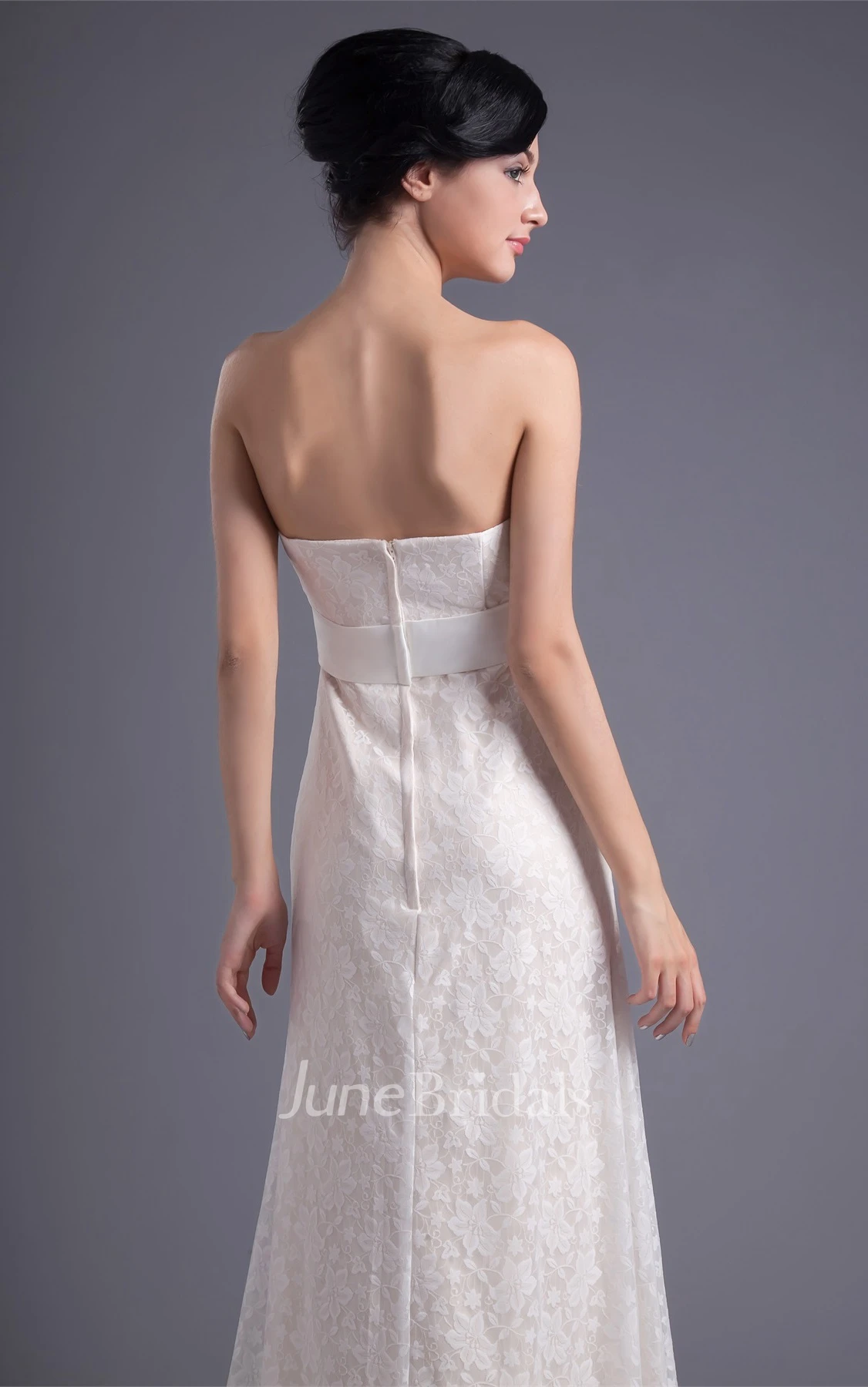 strapless sheath lace dress with cinched waist