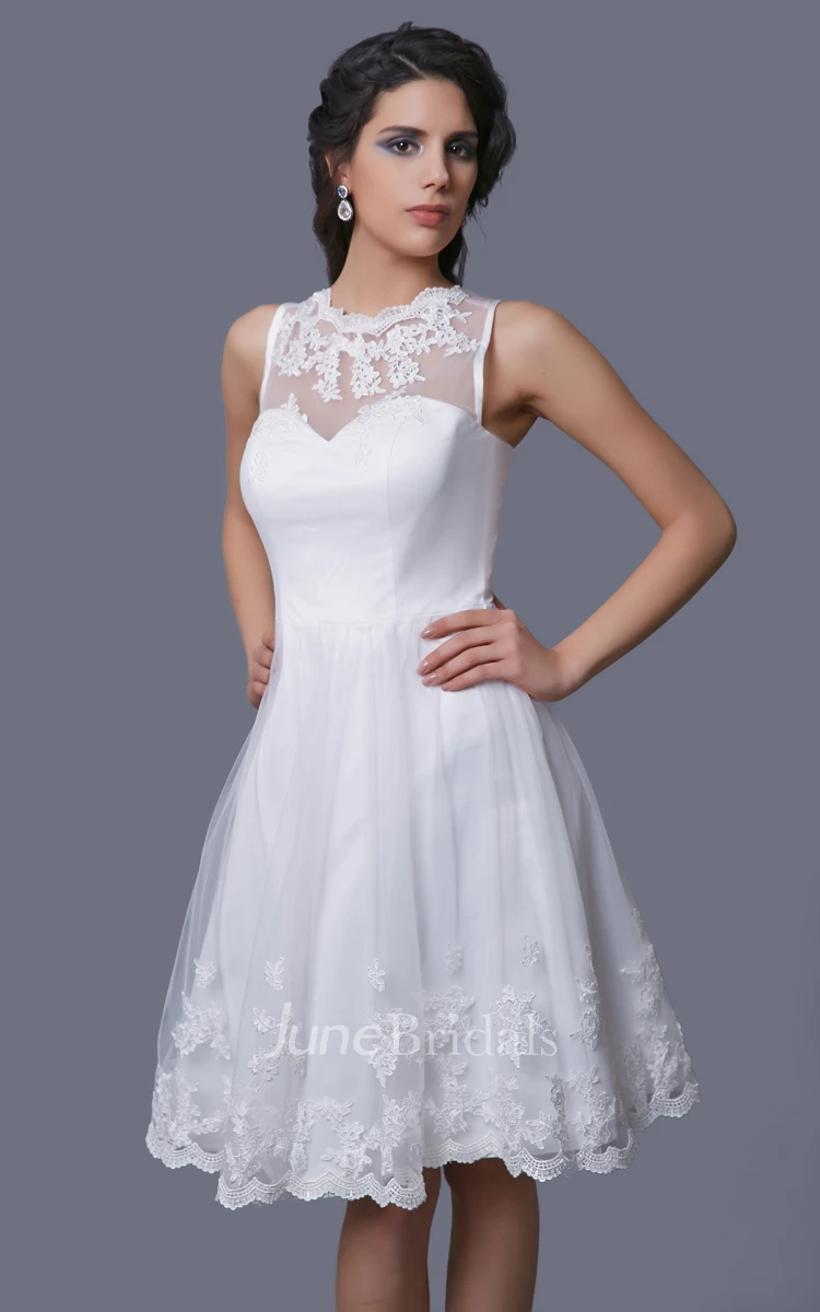 Sleeveless A-Line Short Dress With Illusion Straps and Lace Appliques