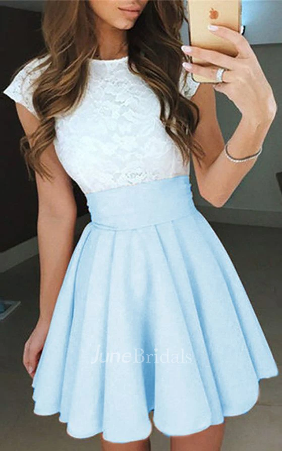 Vintage A Line Taffeta Lace Jewel Short Sleeve with Pleats Homecoming Dress