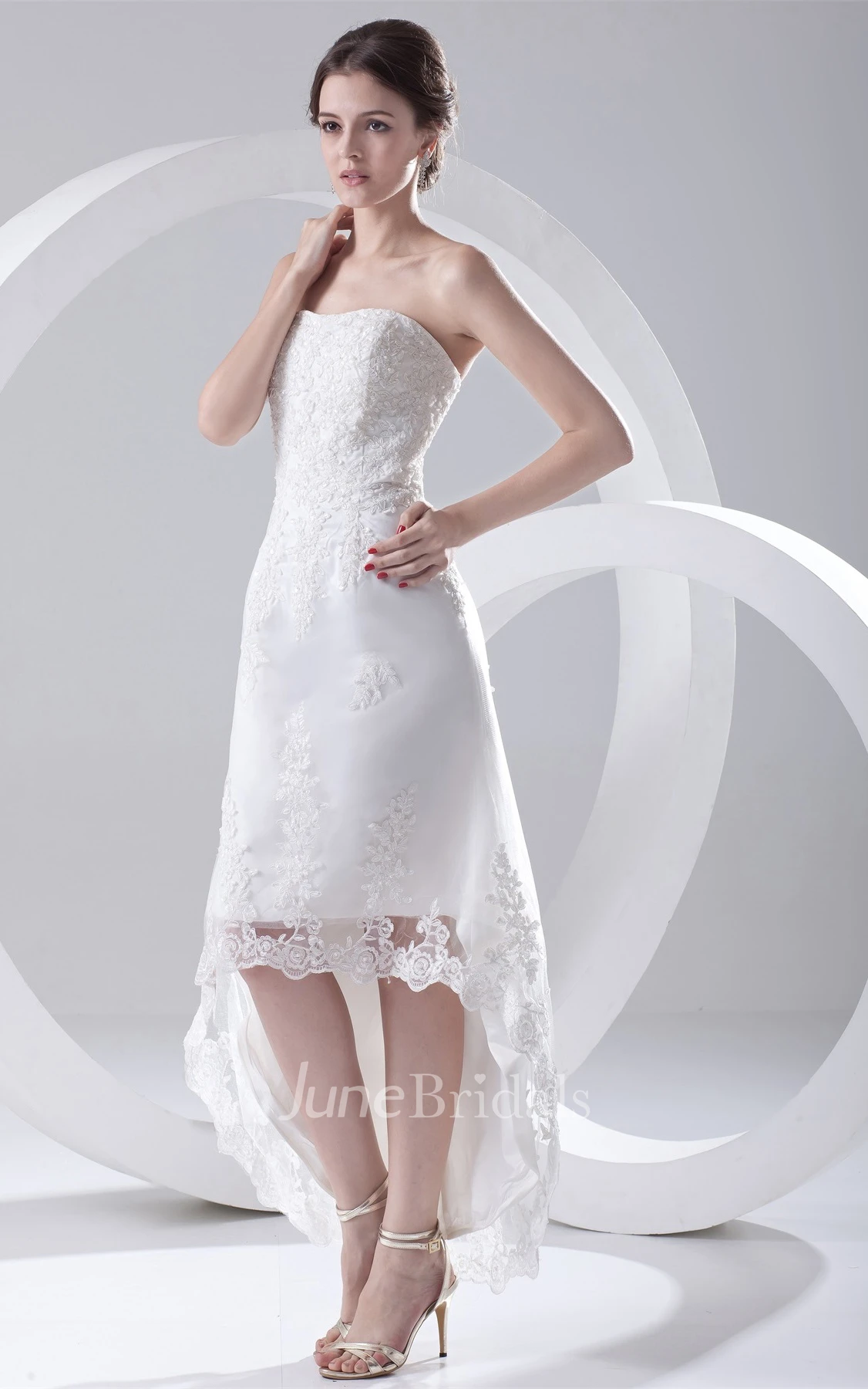lace high-low strapless dress with crystal detailing
