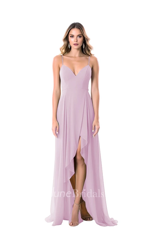 Modern A-Line Chiffon Spaghetti V-neck Bridesmaid Dress with Split Front