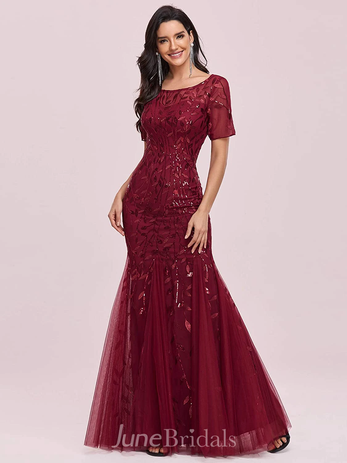 Vintage Mermaid/Trumpet Jewel Short Sleeve Prom Formal Dress with Pleats and Sequins