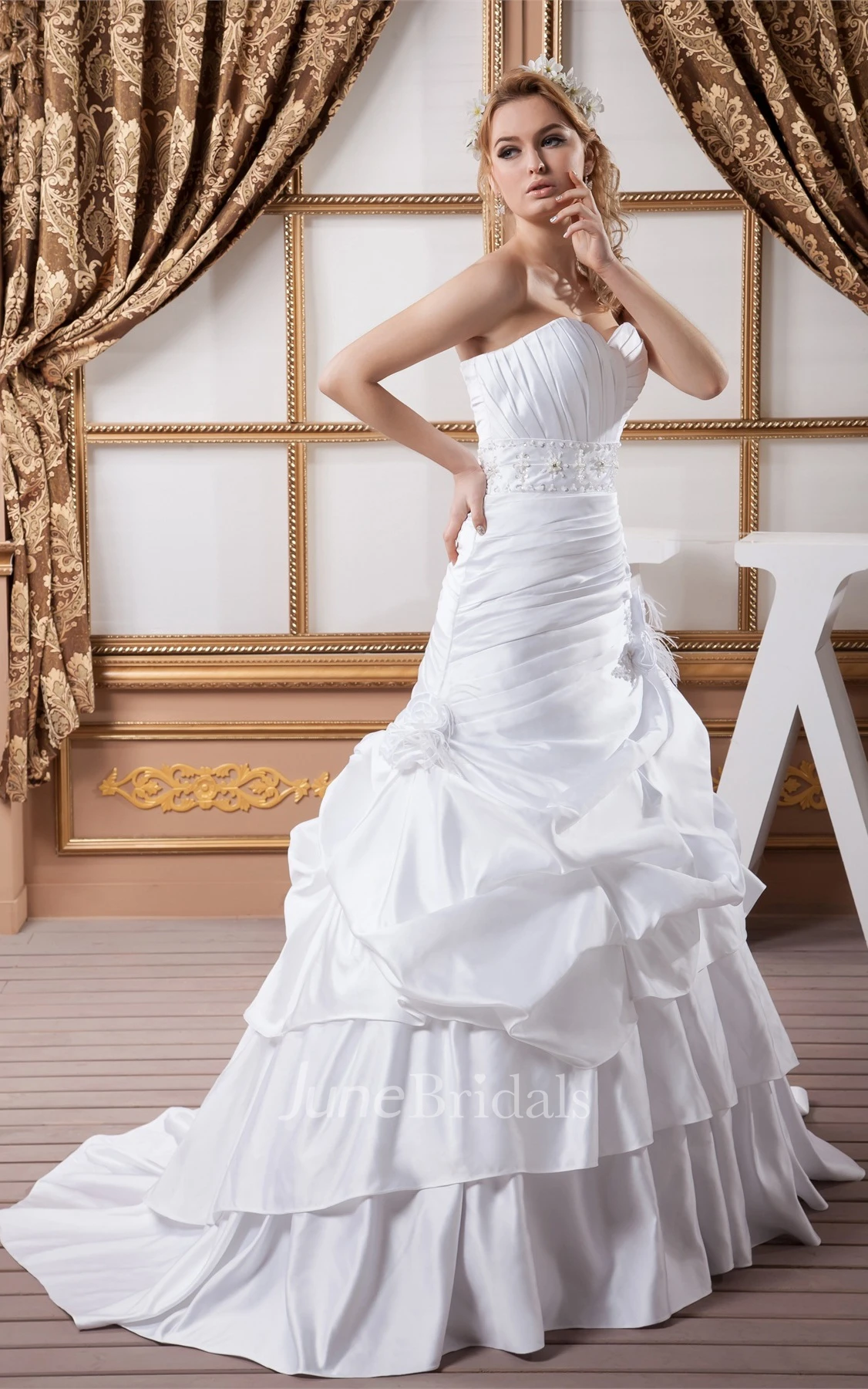 Sweetheart Criss-Cross Pick-Up Ball Gown with Flower and Gemmed Waist