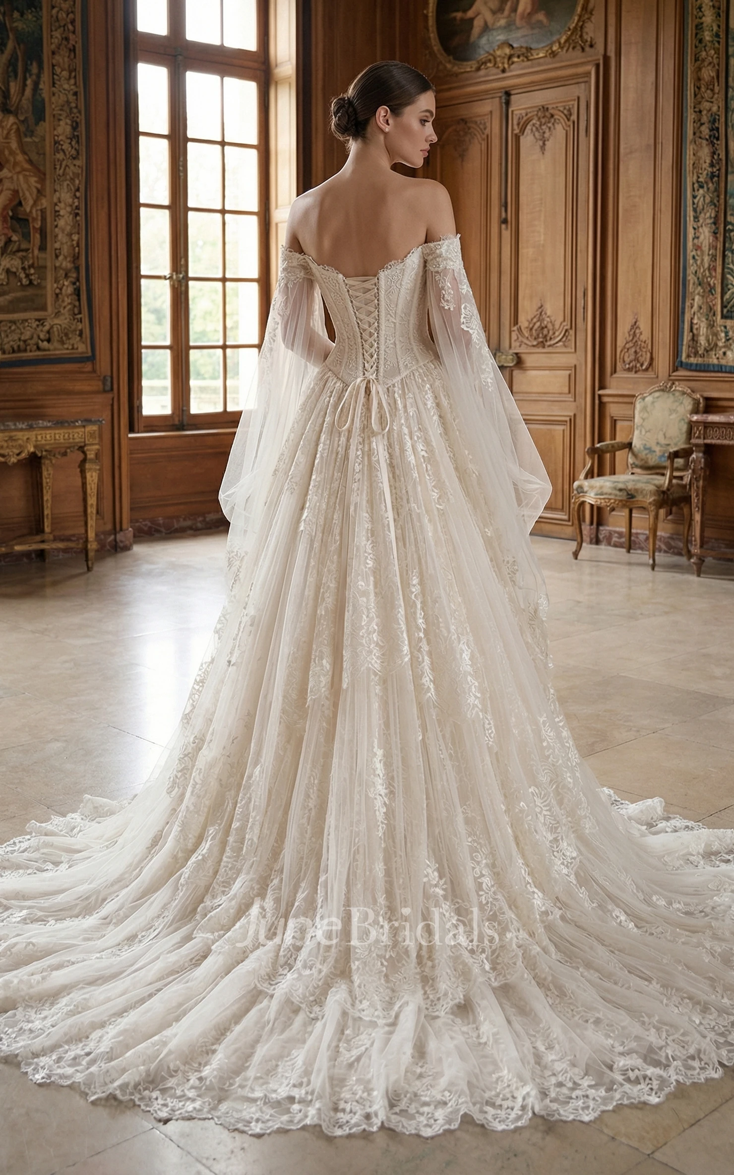 Victorian Off-the-Shoulder Lace Wedding Dress Tulle Ethereal Princess Gown with Corset Bodice